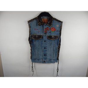 Levi's Custom Made Biker Denim Leather Trim Laced Vest Blue/Brown S Women's D85